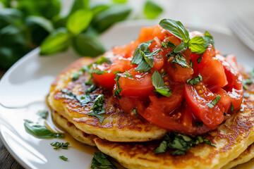 Savory pancakes topped with tomatoes, sauce and spices served on a rustic table