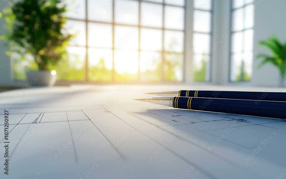 Poster a serene workspace with blueprints resting on a sunlit floor, surrounded by greenery, showcasing a b