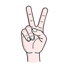 Simple Peace Hand Gesture Illustration, Clean line drawing of a hand making a peace sign with two raised fingers, symbolizing positivity, victory, and calm.
