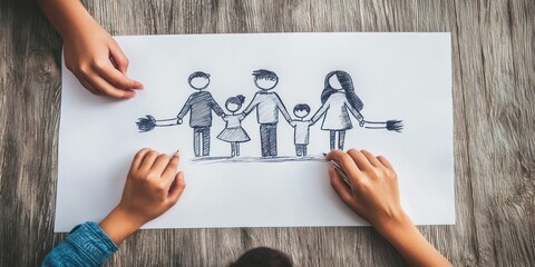 Obraz premium An overhead shot of a childâ€™s hand creating a drawing of their family on a large sheet of paper
