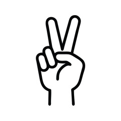 Black Outline Peace Hand Gesture Icon, Minimalist black outline icon of a hand making a peace sign with two raised fingers, symbolizing positivity, peace, and victory.
