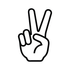 Black Outline Peace Hand Gesture Icon, Minimalist black outline icon of a hand making a peace sign with two raised fingers, symbolizing positivity, peace, and victory.
