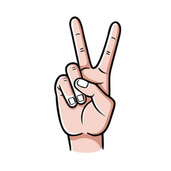 Realistic Peace Hand Gesture Illustration, Detailed illustration of a hand making a peace sign with two raised fingers, symbolizing positivity, victory, and peace.
