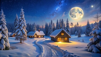 Fototapeta premium A serene winter scene, with two cozy cabins nestled amongst snow-laden pines, bathed in the ethereal glow of a full moon and a starry sky.
