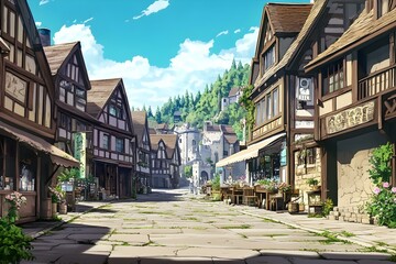 Fototapeta premium Anime Background Landscape Wallpaper of an Old Village