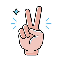 Peace Hand Sign Icon with Sparkle Effect, Cartoon hand showing a peace sign with two raised fingers, accompanied by a blue sparkle, symbolizing positivity, victory, and cheerfulness.
