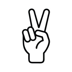 Black Outline Peace Hand Gesture Icon, Minimalist black outline icon of a hand making a peace sign with two raised fingers, symbolizing positivity, peace, and victory.
