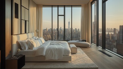 Modern Bedroom with Stunning City Skyline View and Floor-to-Ceiling Windows.