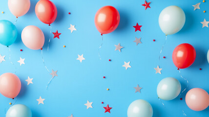 Fototapeta premium Colorful balloons and stars decorate a bright blue background for a festive celebration