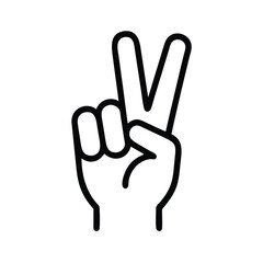 Black Outline Peace Hand Gesture Icon, Minimalist black outline icon of a hand making a peace sign with two raised fingers, symbolizing positivity, peace, and victory.
