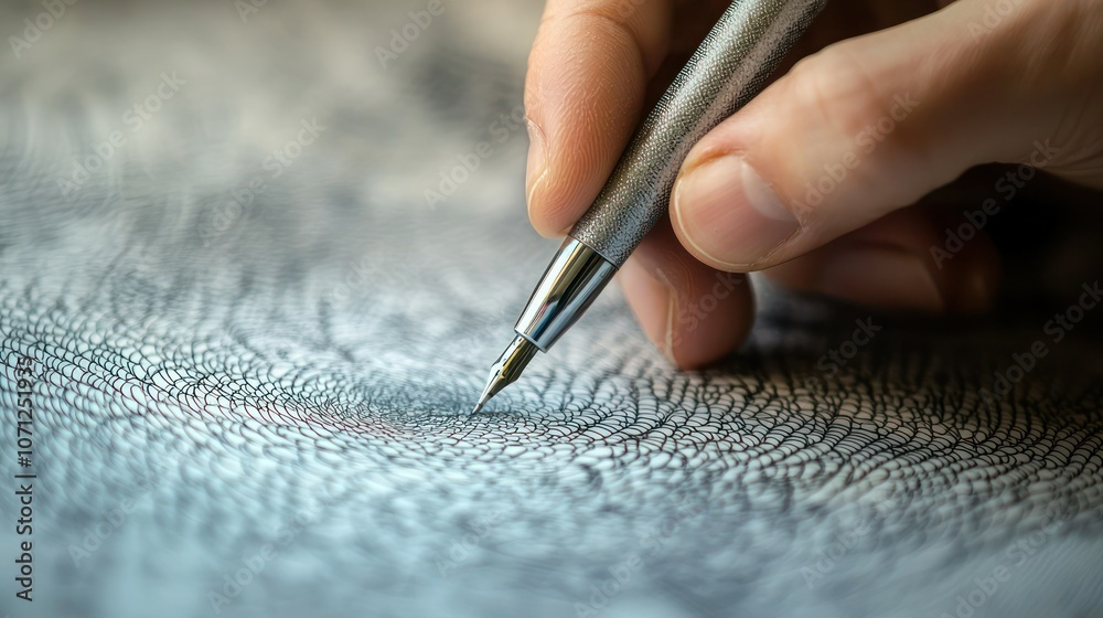 Wall mural a close-up of a hand creating repetitive patterns on paper with a fine-tip pen