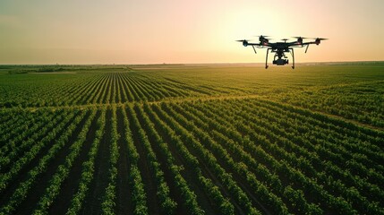 Drone Flying Over Green Agricultural Field at Sunset - Precision Farming and Technology in Agriculture.