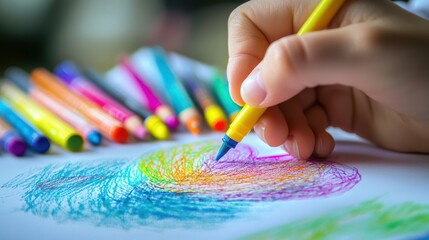 Naklejka premium A close-up of a hand drawing a heart shape with colorful markers on paper