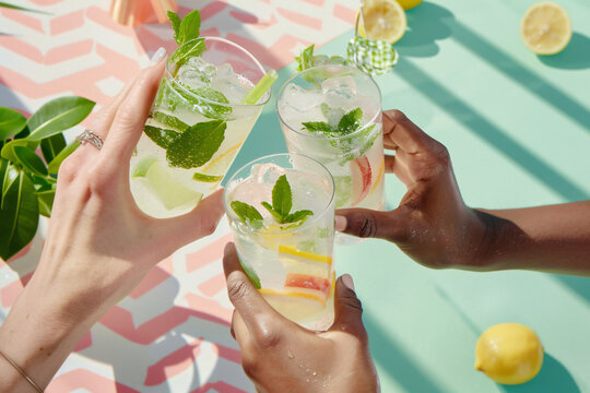 top view of diverse hands toasting with icy drinks over a home dining table, aesthetic trendy style