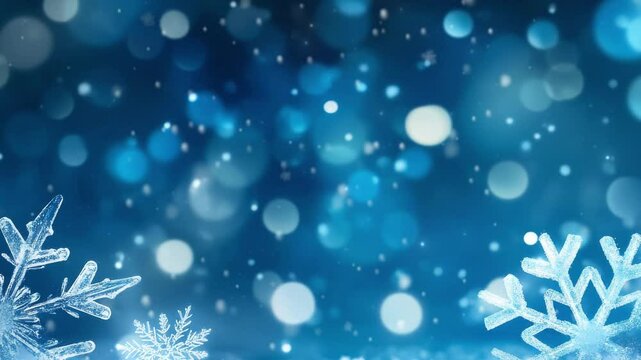 Snowflakes on blue background, bokeh background, Christmas background, Video.