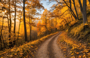 Fototapeta premium A hiking trail leading through a golden autumn forest. Created with generative AI technology