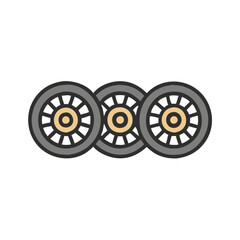 Triple Car Wheel Icon with Gray and Yellow Design, Illustration of three car wheels with gray rims and yellow centers, symbolizing automotive parts, repair, and vehicle performance.
