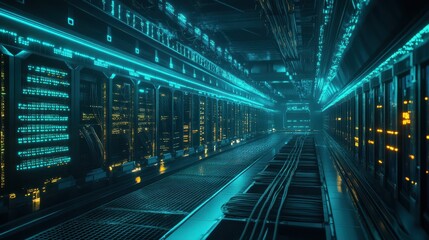 Obraz premium Futuristic Server Room Interior with Neon Lights and Cables - Cyberpunk Data Center