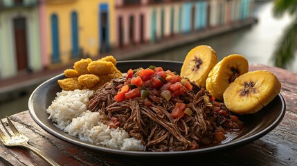 Delicious Venezuelan Pabellon Criollo with Rice Plantains Beans and Shredded Beef over Rice at Colorful Waterfront Balcony Latin American Cuisine Flavors