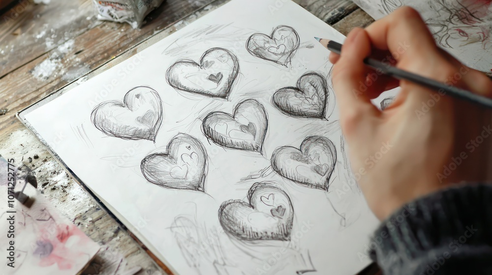 Wall mural a hand creating a series of hearts in different sizes and styles on a sketchpad
