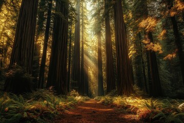 Obraz premium Sunbeams Through Redwood Trees in a Majestic Forest Path