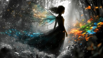 Obraz premium Elegant Fairy with Translucent Wings in Enchanted Forest
