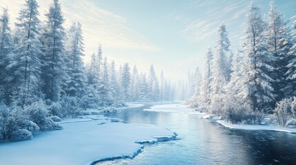 Fototapeta premium Serene Winter River Flowing Through Snowy Forest Landscape - Frozen Creek With Evergreen Trees And Blue Sky