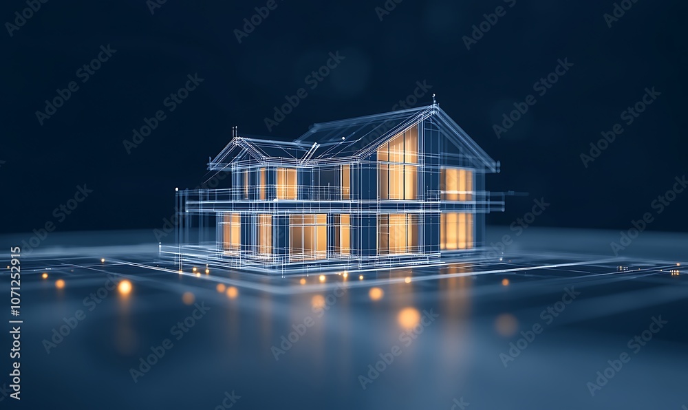 Poster a digital representation of a modern house with glowing elements, showcasing an innovative design an