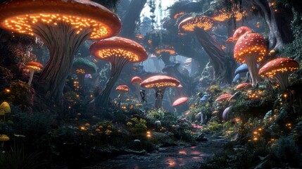 Obraz premium Enchanted Forest with Glowing Mushrooms and Stream - Fantasy Nature Scene.