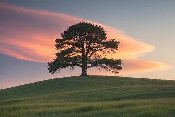Obraz premium A solitary tree on a hill with a sunset backdrop. Created with generative AI technology