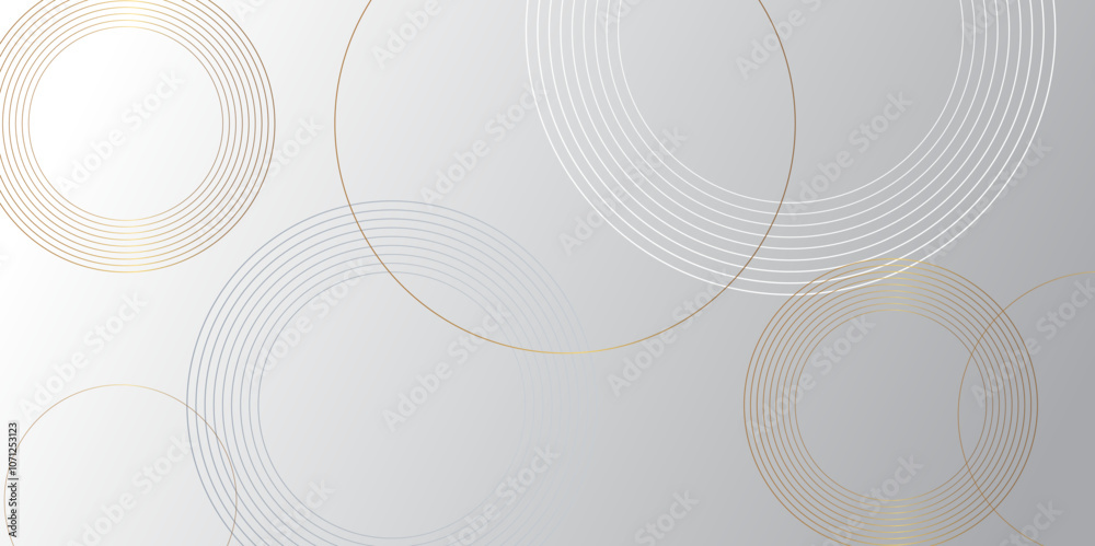 Poster Minimal geometric white and blue circle background with golden line. modern transparency circle presentation background. Light circles template design. Object web design. Minimal poster simple Vector.