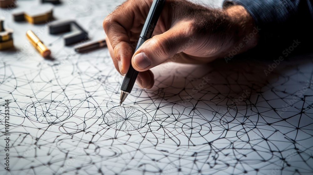 Wall mural a hand drawing geometric patterns on a large sheet of paper, emphasizing precision