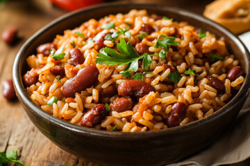 Fototapeta premium Classic meal of red beans with rice and sausage served in a bowl