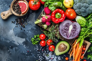A vibrant display of fresh vegetables and fruits, including tomatoes, avocados, and broccoli, arranged on a rustic surface.