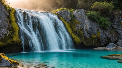 Obraz premium A waterfall cascading over mossy rocks into a crystal-clear pool. Created with generative AI technology