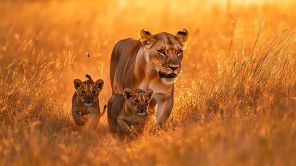 Lioness with cubs walking through tall grass at sunset in the African savanna.
