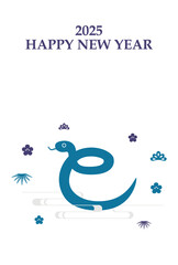 2025年 巳年 年賀状テンプレート 漢字イラスト 青 縦
