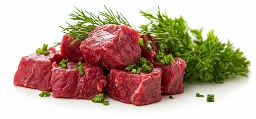 Fresh red raw beef cubes with dill and parsley isolated on white.