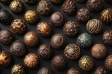 Closeup of a collection of decadent chocolate truffles with intricate designs