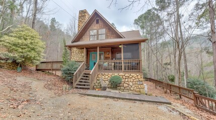 Fototapeta premium A charming stone house nestled in the woods, surrounded by greenery and fallen leaves, offering a cozy retreat in nature.