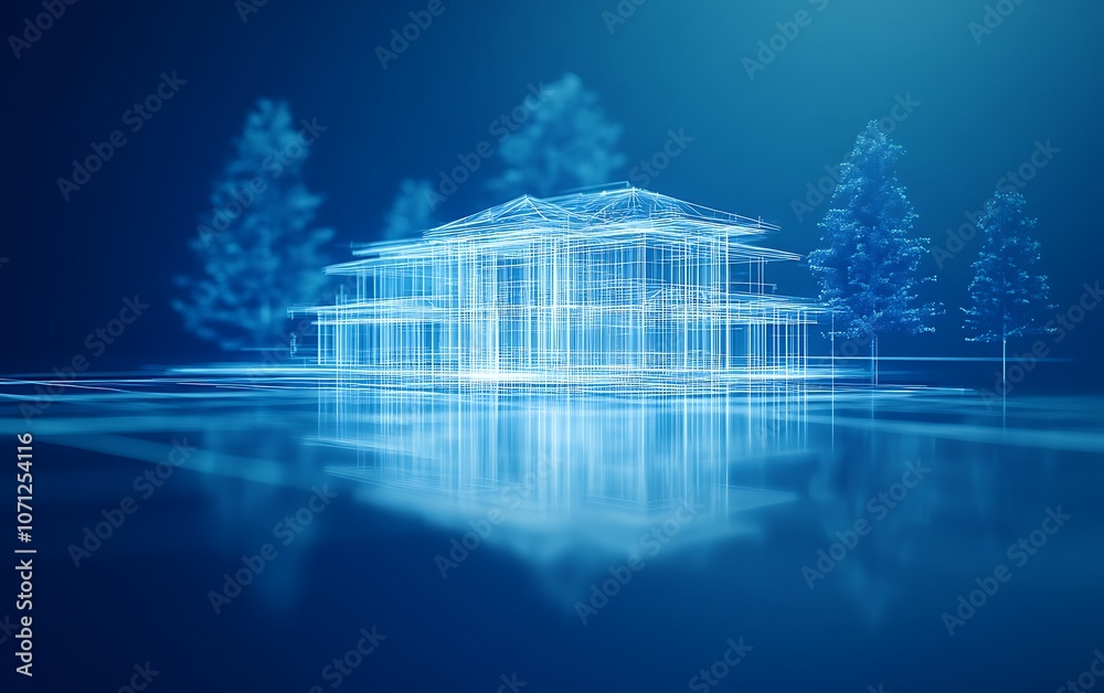 Poster A digital blueprint of a modern house with a blue background and floating trees, representing architectural design and innovation.