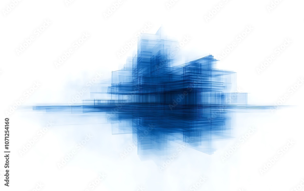 Poster An abstract blue structure with a reflective surface on a white background, conveying a sense of depth and modernity.
