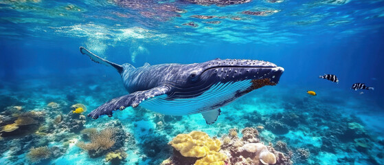 Naklejka premium majestic blue whale gracefully swims through vibrant underwater scene, surrounded by colorful coral reefs and various fish species. serene ocean life captures beauty of marine ecosystems