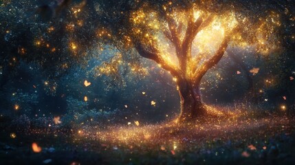 Naklejka premium Enchanted Tree with Golden Lights and Heart-Shaped Leaves in a Magical Forest.