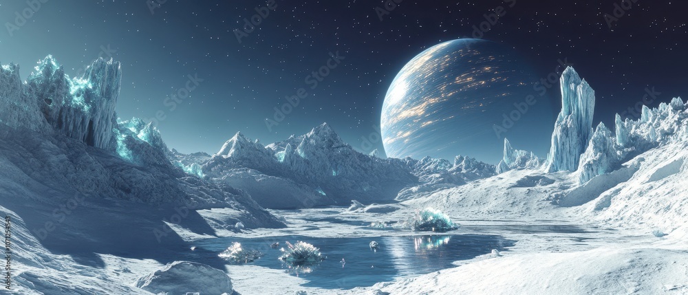 Wall mural surreal ice mountains and frozen lake on alien planet with distant gas giant