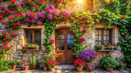 Fototapeta premium Stone facade adorned with vibrant flowers and vines, bathed in warm sunlight, inviting entry through a rustic wooden door