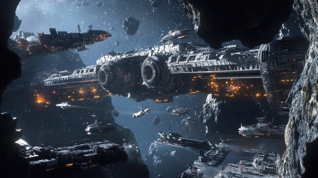 Futuristic Spaceship Docked in Asteroid Field - Sci-Fi Concept Art.