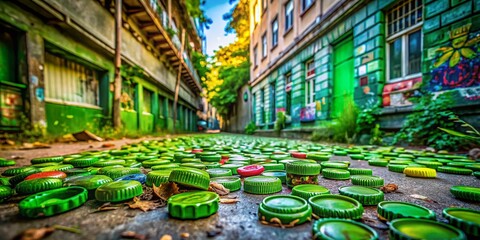 Fototapeta premium Urban Exploration of Reusable Green Bottle Caps: A Journey through Sustainability and Recycling in Cityscapes and Nature's Blend of Urban Life
