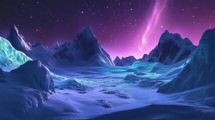 Stunning Nighttime Landscape of Snowy Mountains Under a Starry Sky with a Purple Milky Way