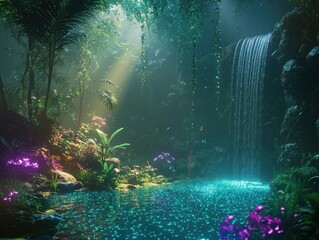 Fototapeta premium Mystical Waterfall in a Lush Rainforest with Bioluminescent Water.